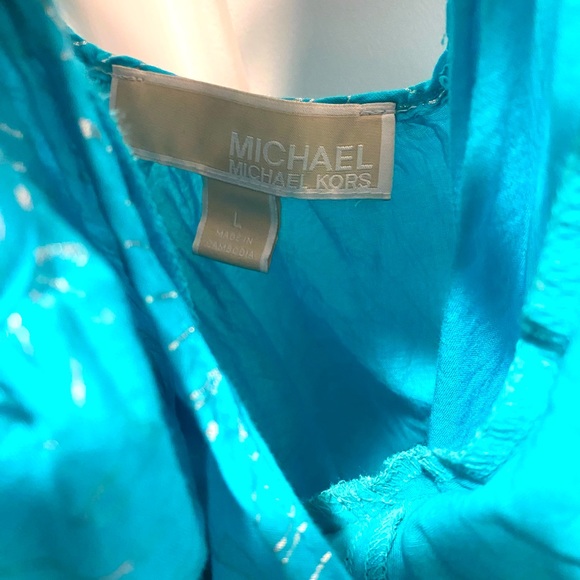 Preowned L Michael Kors Foil Print Cold Shoulder Turquoise dress size L - Picture 6 of 7